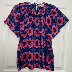 BANJANAN Blue and Pink Floral Motif Floral Dahlia Top | size XSmall